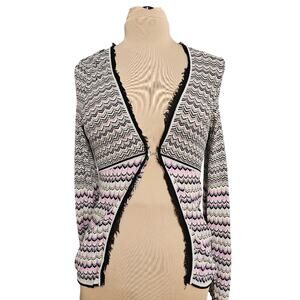 Nick & Mo Cardigan Women's Black and Pink Chevron Sweater Medium Retro Zig Zag